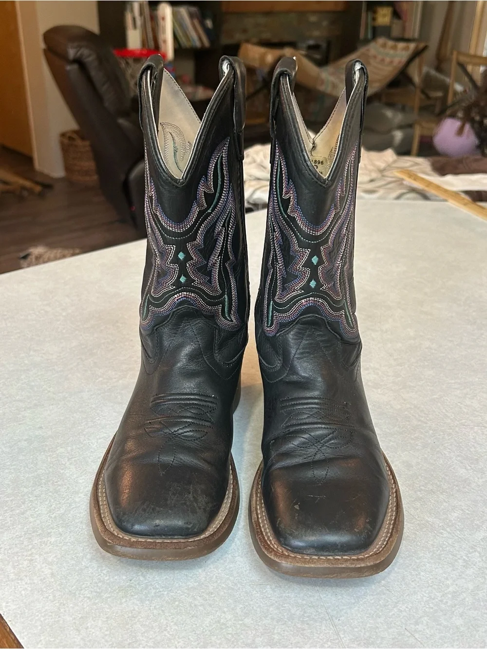 Old West Black Kids Western Boots Square Toe with Teal Accent Stitching